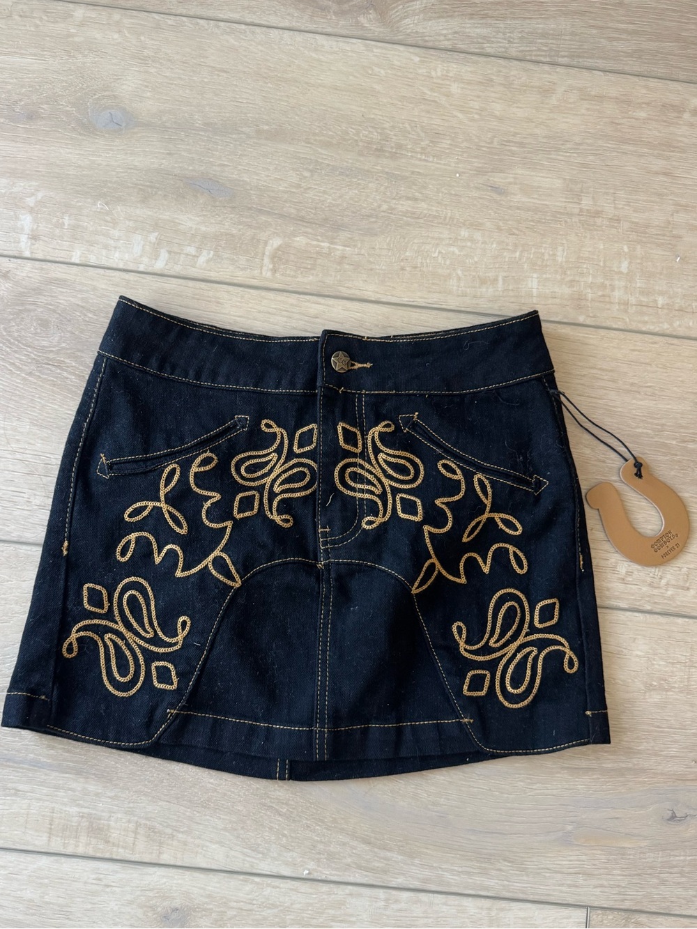 NWT Forever 21 x Compton Cowboys Embroidered Denim Mini Skirt Black Size S